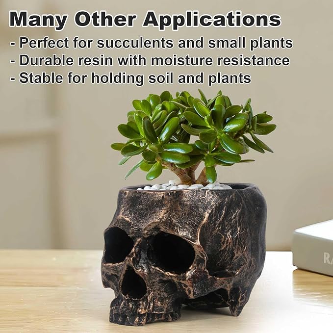 Halloween Skull Candy Dish- Deep Skull Head Halloween Candy Bowl Holder Artificial Resin Skulls Decor Indoor Outdoor Table Centerpieces Flower Pot Plant Office Pen Holder Desktop Ornaments - Bronze-Ruum Studio Home