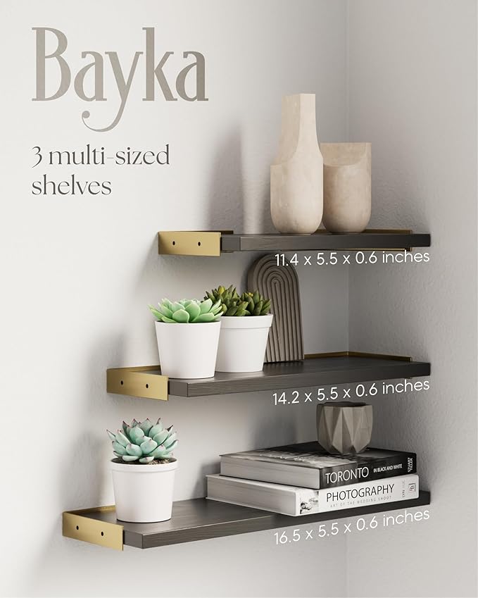 BAYKA Floating Shelves for Bedroom Decor, Wall Shelves for Storage, Wall Mounted Rustic Wood Floating Shelf for Books,Corner Shelf for Bathroom,Kitchen,Living Room(Black and Gold，Set of 4)-Ruum Studio Home