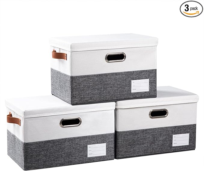 PRANDOM Foldable Storage Bins with Lids [3-Pack] Fabric Collapsible Storage Boxes Baskets Cubes Containers with Handles for Closet Living Room Bedroom (Grey & White 14.9x9.8x9.8'')-Ruum Studio Home