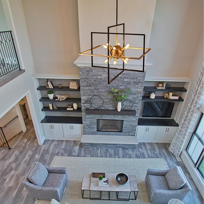 31.5'' Large Modern Lantern Chandeliers, 12-Light Black Gold Geometric Pendant Light Fixture, Industrial Hanging Chandelier for Entryway Foyer Hallway Dining Room, Kitchen Island-Ruum Studio Home