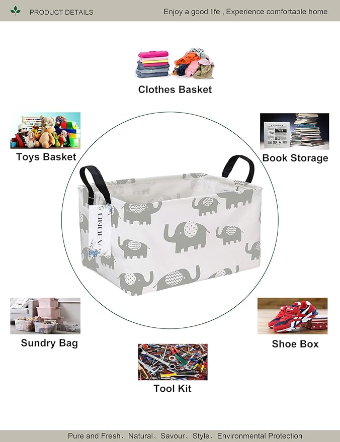 Rectangular Folding Laundry Basket, waterproof Canvas Basket,gift basket,Suitable for children's room,Office,Clothes,Toys Storage (Grey Elephant)-Ruum Studio Home