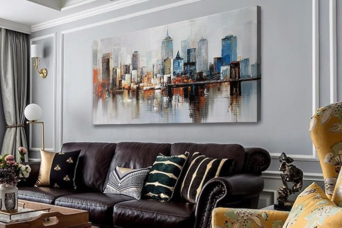 Arjun Brooklyn Bridge Wall Art Modern New York City Abstract Canvas Cityscape Painting Large Size Framed, Colorful NYC Skyline Textured Picture for Living Room Bedroom Home Office Wall Decor, 40"x20"-Ruum Studio Home