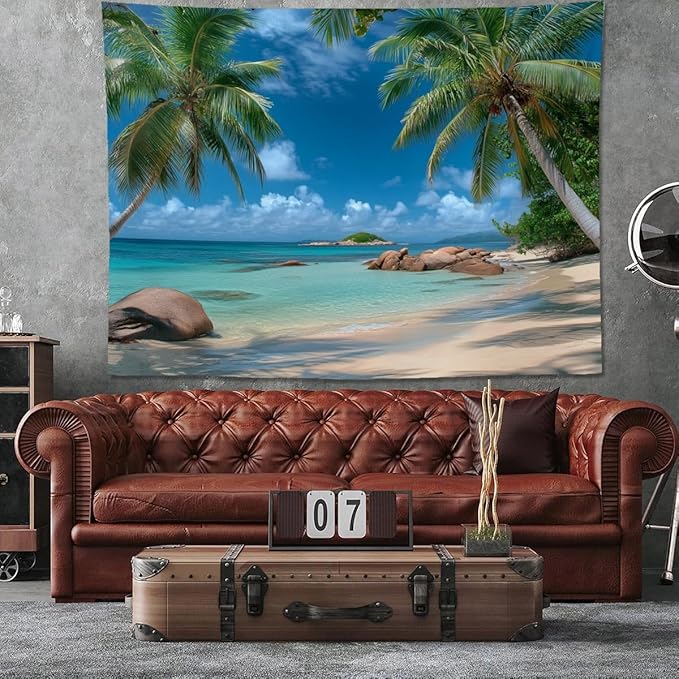 keowhsf Beach Summer Ocean Tapestry – Tropical Palm Trees Wall Hanging Decor with Blue Sky and Seaside Scenery, Nature Landscape Tapestry for Bedroom Living Room Dorm-Ruum Studio Home