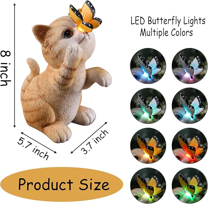 Garden Decor Solar Cat Figurines Cat Lover Gifts with LED Butterfly Lights for Indoor Outdoor Decor for Yard Garden Patio Decor Gifts for Women Grandma Mother's Day Birthday-Ruum Studio Home