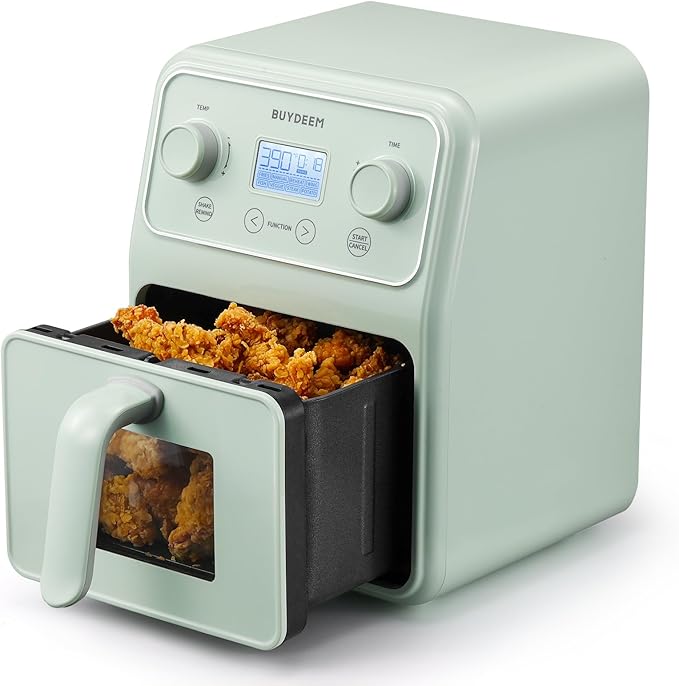 BUYDEEM F51 8-in-1 Air Fryer 4.2QT, Retro Countertop Airfryer Oven with Visible Window, Shake Reminder, One-touch Control with LCD Display, Cozy Greenish-Ruum Studio Home