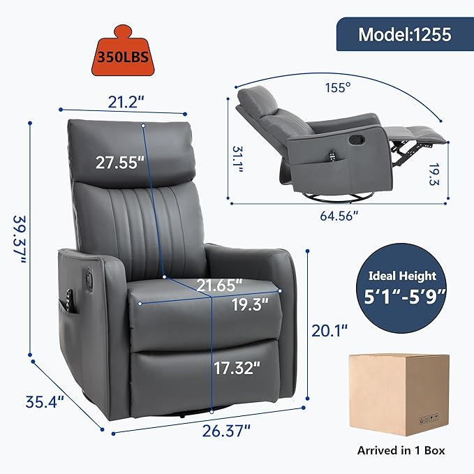 Manual Swivel Rocker Recliner Chair for Adults, Overstuffed Reclining Glider Chair for Nursing with Vibration Massage & Heat, Living Room Rocking Recliner 2-Stage backrest, Faux Leather Gray-Ruum Studio Home