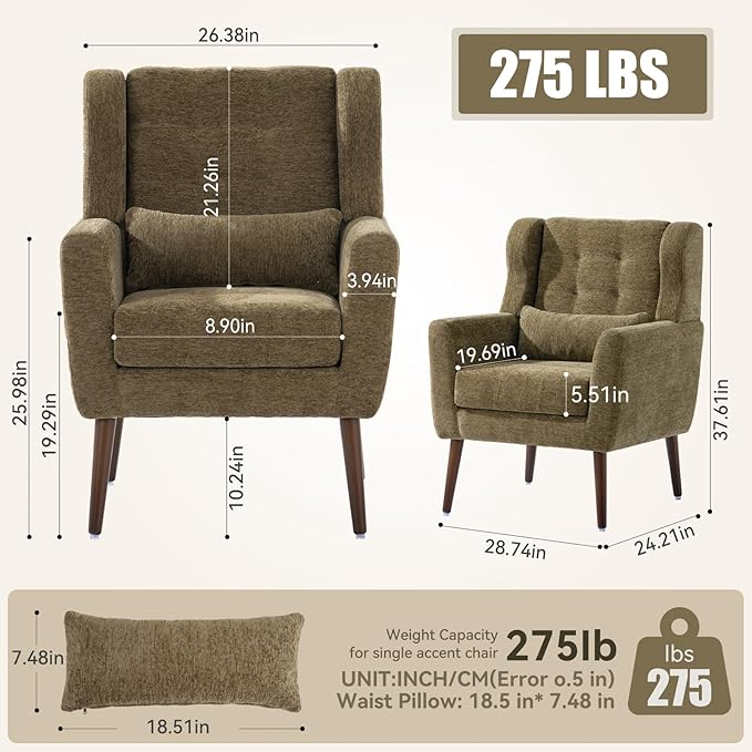 Modern Accent Chair, Upholstered Armchair with Pillow, Fabric Single Sofa Chair with Lounge Seat and Wood Legs Accent Chair for Living Room Bedroom Small Spaces (Avocado, Set of 1)-Ruum Studio Home