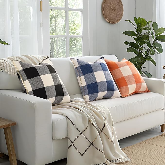 decorUhome Buffalo Plaid Check Throw Pillow Covers 12x20 Set of 2, Outdoor Lumbar Decorative Farmhouse Neutral Pillow Covers with Stitched Edge for Bed Couch Sofa, Navy Blue and White-Ruum Studio Home