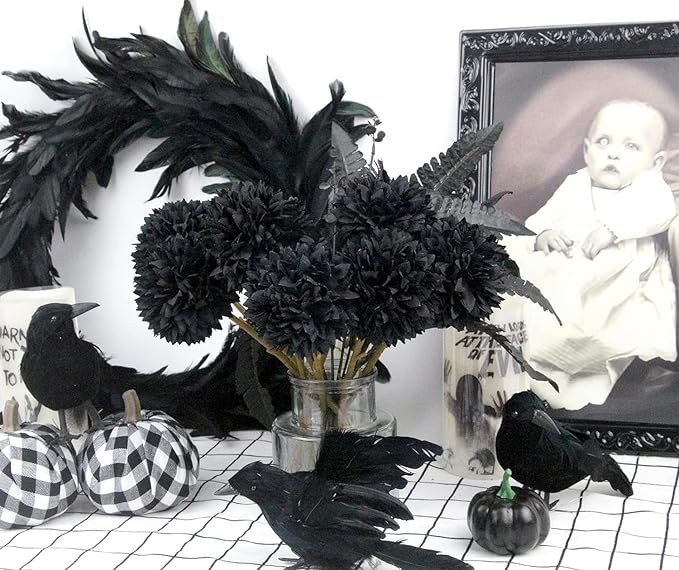 Kimura's Cabin 20Pcs Black Fake Ball Flowers Artificial Silk Chrysanthemums Faux Mums Flower Bouquets for Halloween Home Festive Party Decor Kitchen Table Centerpiece(Black)-Ruum Studio Home