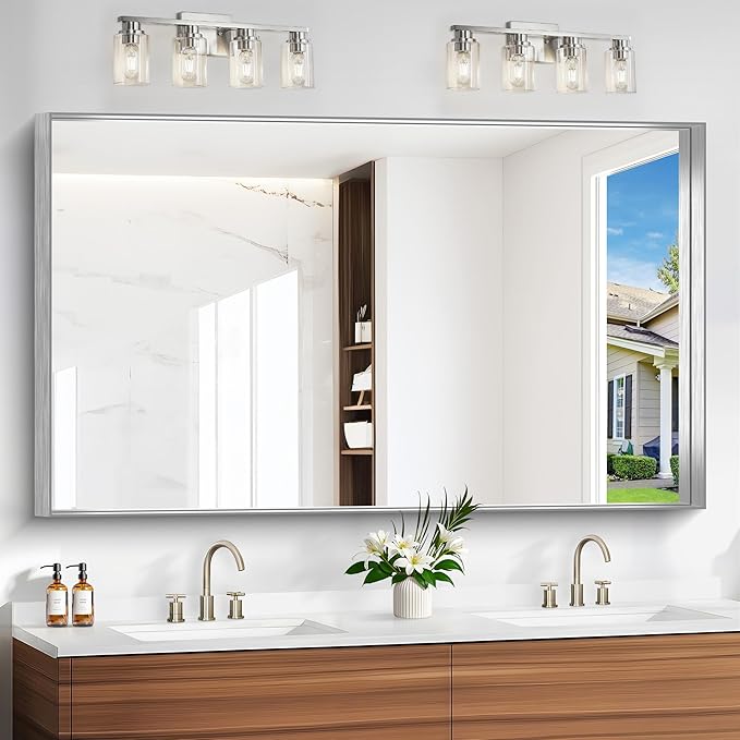 Silver Bathroom Mirror, 36x60 Inch Rectangular Deep Frame Mirror, Large Wall Mounted Bathroom Vanity Mirror Over Sink for Bedroom,Restroom, Living Room, Hangs Vertically or Horizontally-Ruum Studio Home