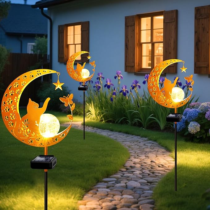 YJFWAL Garden Solar Cat Lights Pathway Stake Lights Glass Globe with Moon Cat Decor, Gifts for Mom Grandma Friends, Outdoor Decor Light Waterproof for Walkway, Yard, Patio or Garden (Warm White)-Ruum Studio Home