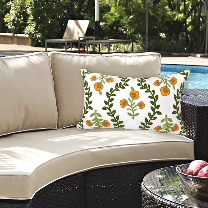 Alysheer Flower Embroidered Summer Decorative Lumbar Throw Pillow Cover 12"x 20", Farmhouse Cottage Orange Floral Green Leaves Patterned Cotton Canvas Cushion Case for Sofa Couch Bed Living Room-Ruum Studio Home