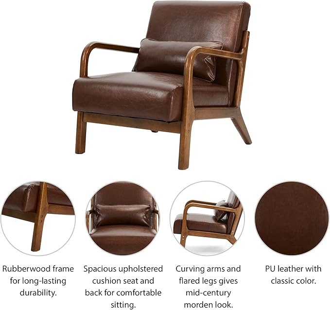 Glitzhome 30.75 "H Mid Century Coffee Accent Armchair, Single Reading Armchair PU Leather Lounge Chair with Walnut Ruberwood Frame-Ruum Studio Home