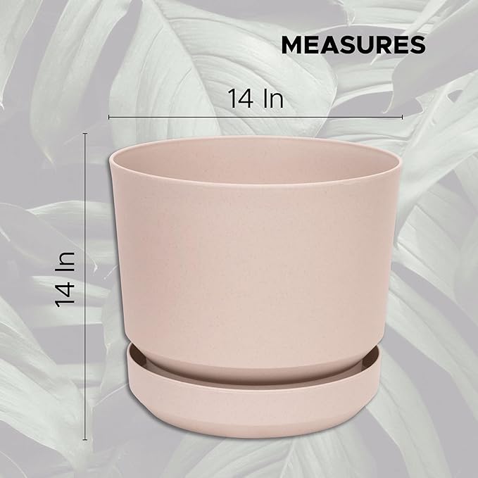 Elly Décor 14 inch Plastic Cylinder Planter Pot with Self-Watering Saucer and Drainage Hole,Lightweight & Extremely Durable, 14"x 14", Ivory-Ruum Studio Home