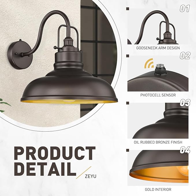 zeyu 2 Pack Outdoor Barn Light Fixtures, Farmhouse Gooseneck Wall Lights for Front Porch, 18" Dusk to Dawn Sensor Wall Sconces in Oil Rubbed Bronze Finish, 016-1BL-PC-2 ORB-Ruum Studio Home
