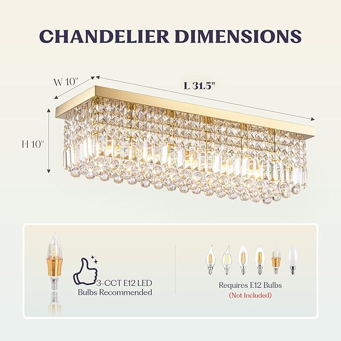 Modern Crystal Chandelier, 6 Lights Luxury Gold Rectangular Flush Mount Ceiling Light, Dining Room Light Fixture, Rectangle K9 Crystal Raindrop Chandelier for Living Room Bedroom L31.5 Inch-Ruum Studio Home