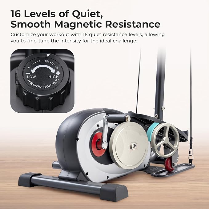 Sunny Health & Fitness 2-in-1 Sit/Stand Mini Elliptical Machine, Portable Under Desk Peddler Exerciser for Senior Home Workout, Optional Free Sunnyfit App Bluetooth Link, Handlebars or Resistance Band-Ruum Studio Home