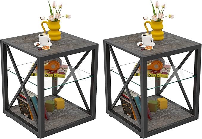 Farmhouse End Table Set of 2, Modern Side Table with 3-Tier Storage Shelf, Square Rustic Nightstand, Accent Tea Table, for Bedroom Office Living Room, Grey, Natural Wood, Glass, Metal-Ruum Studio Home