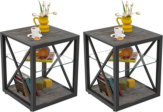 Farmhouse End Table Set of 2, Modern Side Table with 3-Tier Storage Shelf, Square Rustic Nightstand, Accent Tea Table, for Bedroom Office Living Room, Grey, Natural Wood, Glass, Metal-Ruum Studio Home