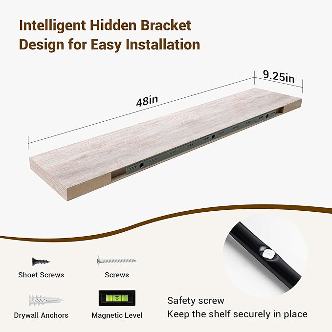 48 Inch Floating Shelves, 3D Textured Wood Grain, 48"x9.25"x1.5" Inch Deep Floating Shelves for Wall, Wooden Shelves for Bathroom, Bedroom, Living Room, Washed White-Ruum Studio Home