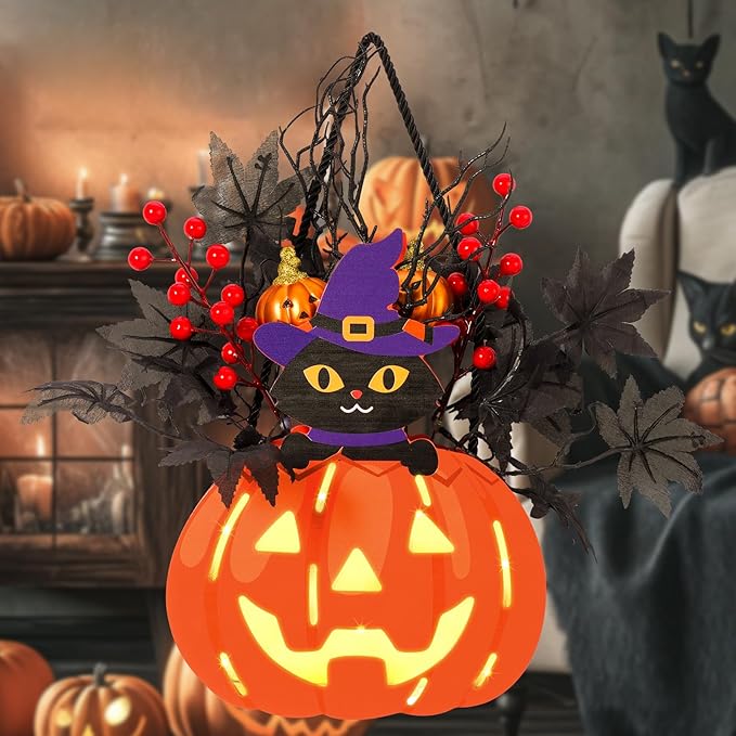 Halloween Pumpkin Decorations, Lighted Jack-O-Lantern with Maple Leaves Berries Black Cat, Halloween Door Sign Wood Pumpkin Lights for Front Door Indoor Outdoor Yard Party Cartoon Hanger Decor-Ruum Studio Home