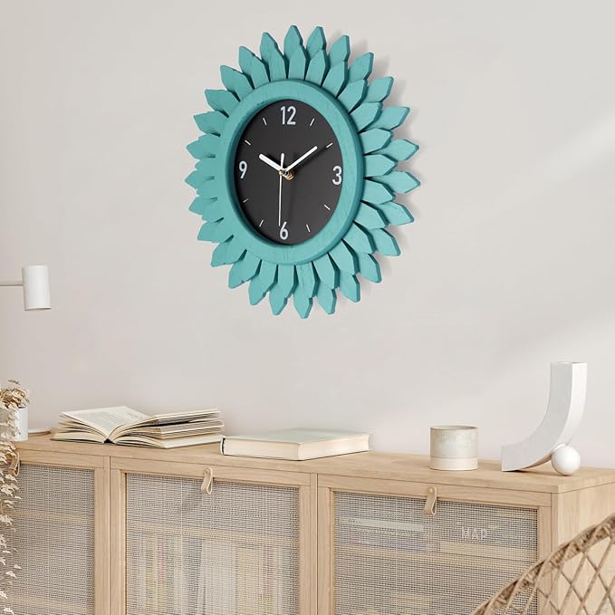 Honiway Wall Clock Battery Operated 12 Inch Rustic Wood Beach Sunburst Decorative Wall Clock Silent Non-Ticking Coastal Wall Decor Clocks for Living Room Kitchen Bathroom Bedroom (Cyan)-Ruum Studio Home