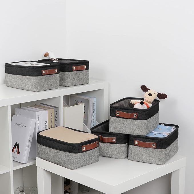 DULLEMELO Small Storage Baskets for Shelves, Small Fabric Collapsible Rectangular Storage Bins for Shelves, Closets, Nursery, Home, Office, Empty Gift Baskets (6-Pack, Black&Gray)-Ruum Studio Home
