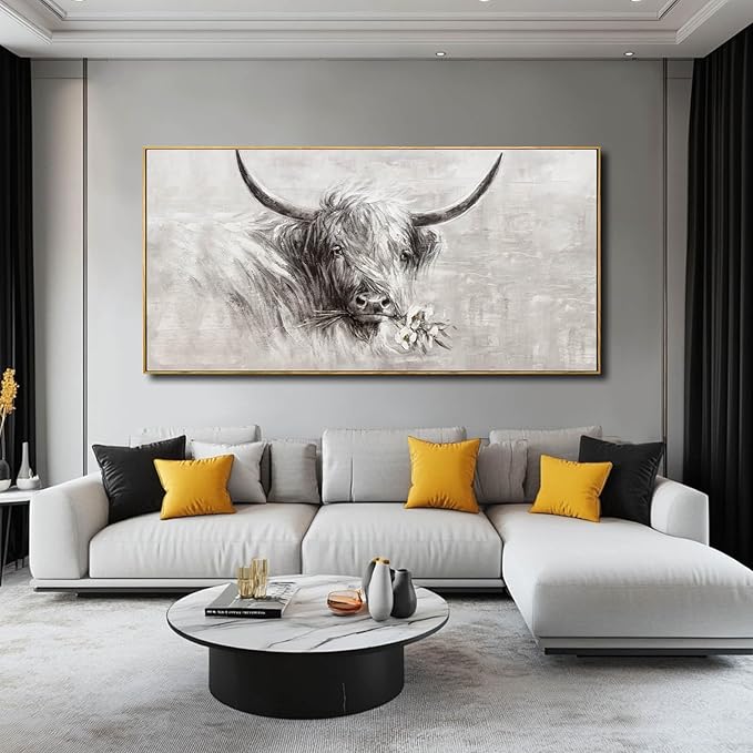 Farmhouse Decor Framed Wall Animal and Flower Artwork Grey Vintage Cow Wall Art with Frame for Living Room Bedroom Dining Room Office 29x58 Inch-Ruum Studio Home