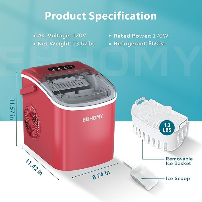 EUHOMY Countertop Ice Maker Machine with Handle, 26lbs Per Day, 9 Ice Cubes Ready in 6 Mins, Auto-Cleaning Portable Ice Maker with Basket and Scoop, for Home/Kitchen/Camping/RV (Red)-Ruum Studio Home