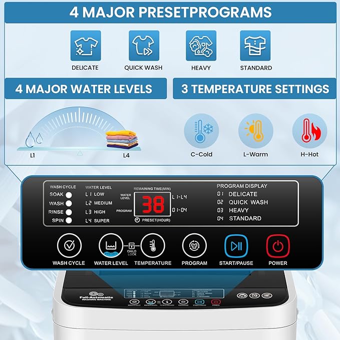 Nictemaw Portable Washing Machine 20Lbs Capacity Portable Washer with Drain Pump 2.8Cu.ft Full-Automatic Compact Washer Machine with 4 Program 4 Water Level 3 Water Temp for Apartment, RV, Dorms-Ruum Studio Home