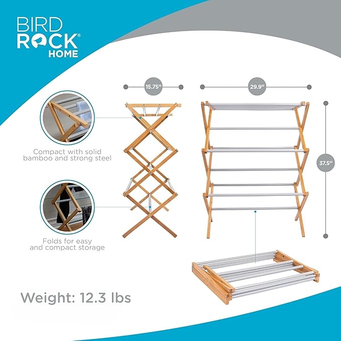 BirdRock Home Wooden Clothes Drying Rack | 3-Tier Foldable Bamboo Laundry Stand | Water-Resistant, Fully Assembled, Collapsible Indoor/Outdoor Dryer for Hanging Clothes | Grey-Ruum Studio Home