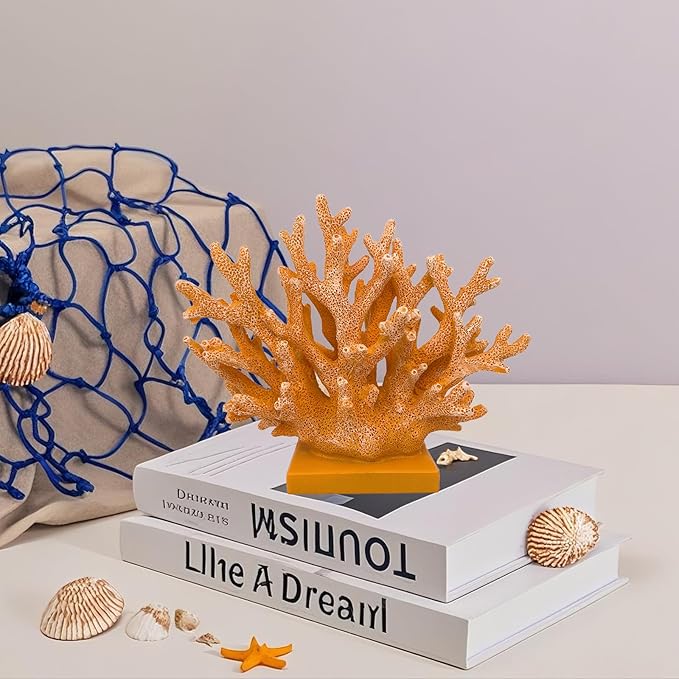 5.8" H Orange Coral Decor - Resin Coral Statue, Nautical Decor for Home, Bedroom, Bathroom, Living Room, Ocean Themed Cabinet Shelf Tabletop Decoration-Ruum Studio Home