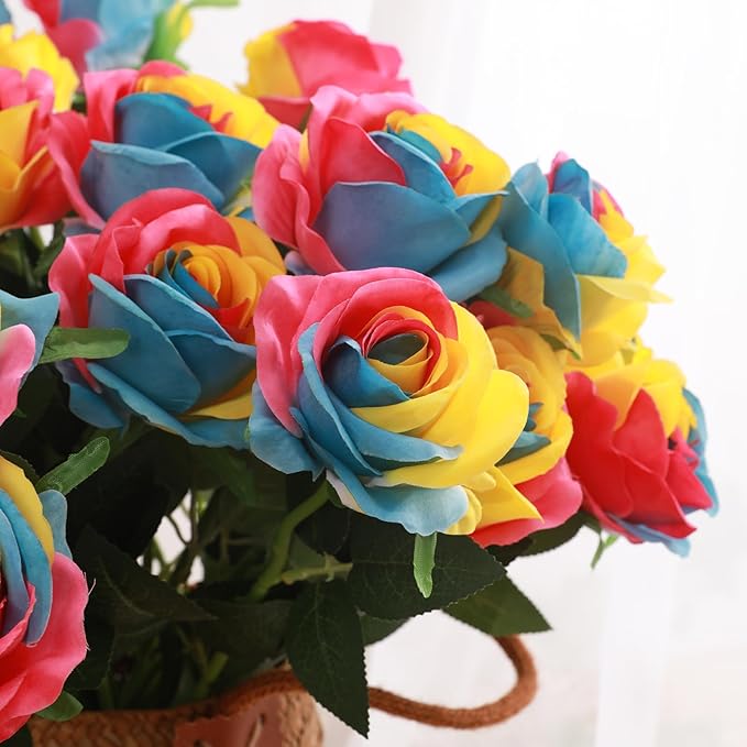 Rainbow Fake Roses Artificial Flowers - 10 Pcs Fake Artificial Roses Silk Flowers with Stems for Home Wedding Hotel Office Centerpiece Decor（Rainbow2）-Ruum Studio Home
