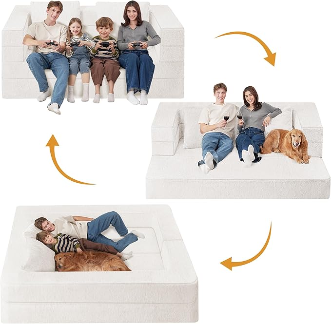 Folding Bean Bag Chair for Adults,3-in-1 Bean Bag Couch Faux Fur Floor Sofa Large Beanbag Convertible Bean Bag Sofa Bed with Pillow in Bedroom,Living Room,Apartment(Queen,Milky White)-Ruum Studio Home
