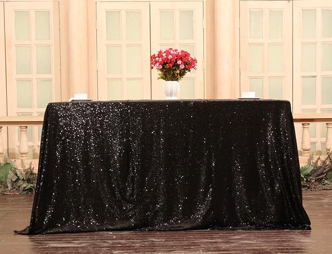 SquarePie Sequin Tablecloth 90 x 156 Inch Black Sparkly Table Linen for Wedding Halloween Party-Ruum Studio Home