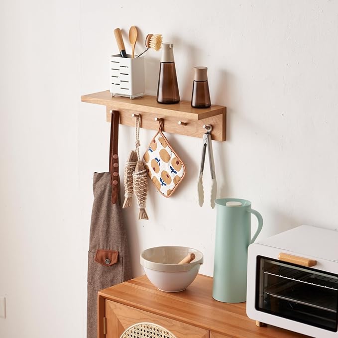 Oak Wood Wall Shelf with 5 Hooks, Entryway Shelf Coat Rack with Hooks Floating Shelves with Hooks for Clothes Hats Towel Purse Robes, Bathroom Mudroom Bedroom (20 inch)-Ruum Studio Home