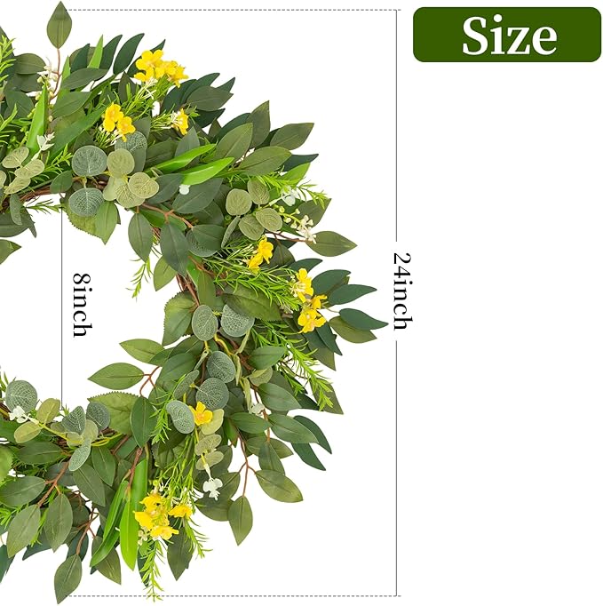 24 Inch Eucalyptus Greenery Wreaths for Front Door, Large Artificial Outdoor Spring Summer Wreath for Porch, Window, Farmhouse, Home Decor - All Seasons-Ruum Studio Home