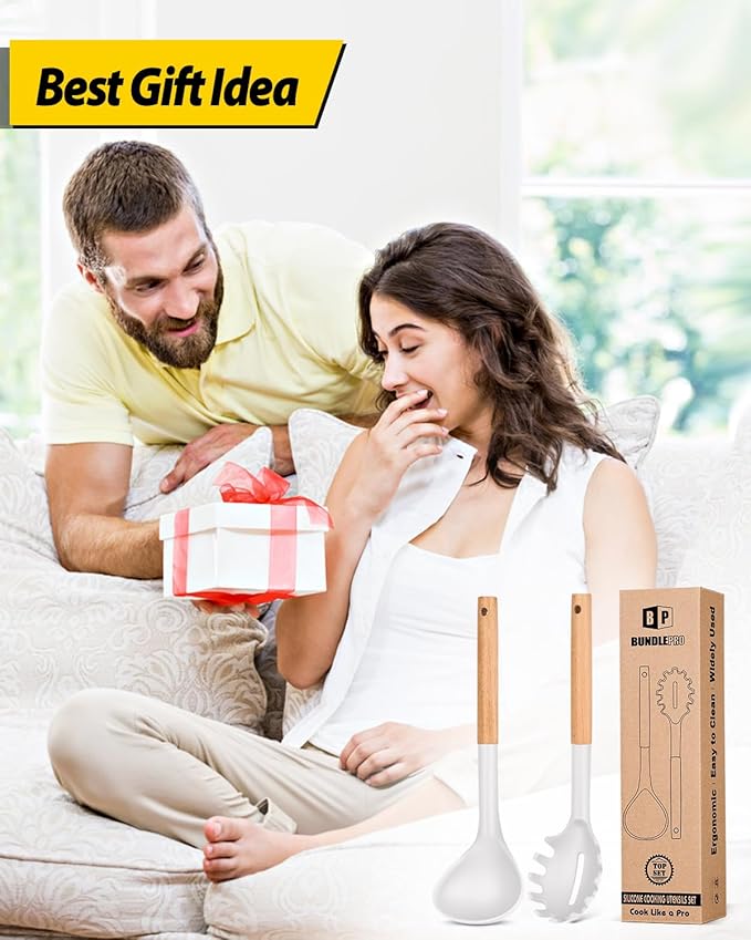 Silicone Pasta Fork and Ladle Spoon Set with Wooden Handle, Heat Resistant Non Stick Kitchen Utensils for Cooking, Stirring, Serving Spaghetti, Soup, Sauce(WHITE)-Ruum Studio Home