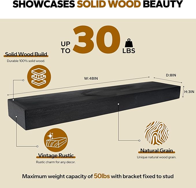 Floating Shelves 3 inch Thick for Wall Set of 2,Solid Pine Wood Wall Mount Shelf for Kitchen Living Room Bedroom Bathroom,8" D x 48" L x 3" H-Black-Ruum Studio Home