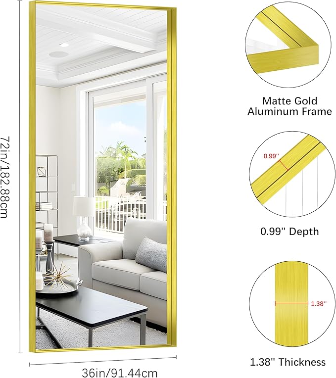 Gold Bathroom Mirror, 72x30 Inch Rectangular Framed Mirror, Large Wall Mounted Bathroom Vanity Mirror Over Sink for Bedroom,Restroom, Living Room, Hangs Vertically or Horizontally-Ruum Studio Home