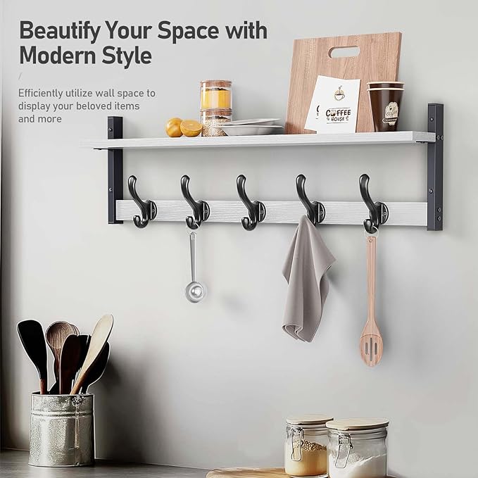 Tatub 29" Coat Rack Wall Mount with Shelf, Entryway Wall Hooks with Shelf, Coat Hangers for Bathroom, Living Room, Bedroom, Rustic White-Ruum Studio Home