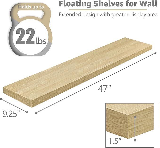 Sorbus Floating Shelves for Wall - 48 Inch Long Bathroom Shelves, Wall Decor for Bedroom, Kitchen, Living Room & Book Storage - Mounted Floating Shelf with Invisible Brackets (Maple Wood, 3 Pack)-Ruum Studio Home