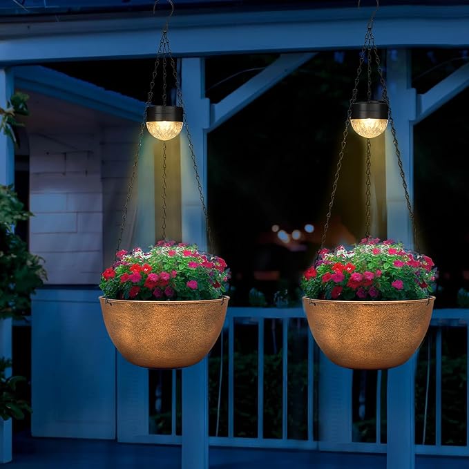 2 Packs Hanging Planters Basket for Outdoor Plants, Solar Powered Self Watering Bronze Round Plastic Flower Pots with Drainer for Balcony Patio Garden Outdoor Decoration-Ruum Studio Home