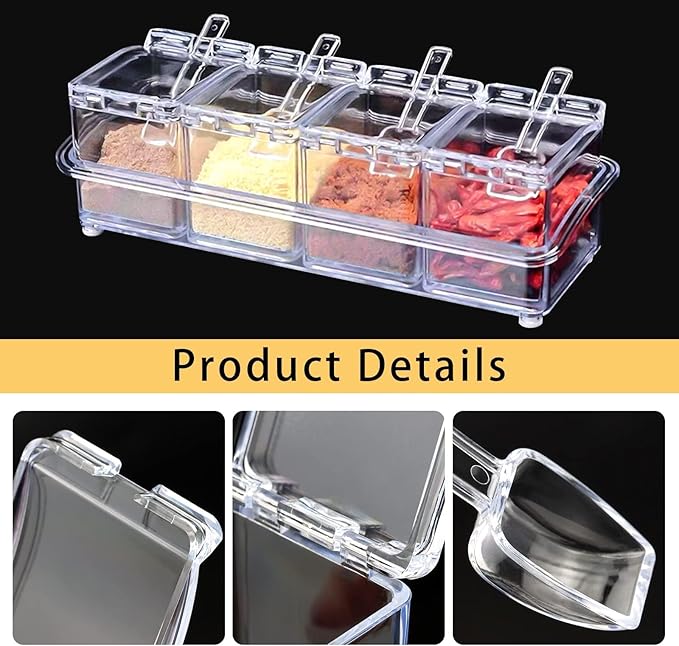 4-Cell Clear Seasoning Rack Spice Box, Storage Container Condiment Jars Acrylic Seasoning Box with Cover and Spoon (Basic Clear)-Ruum Studio Home