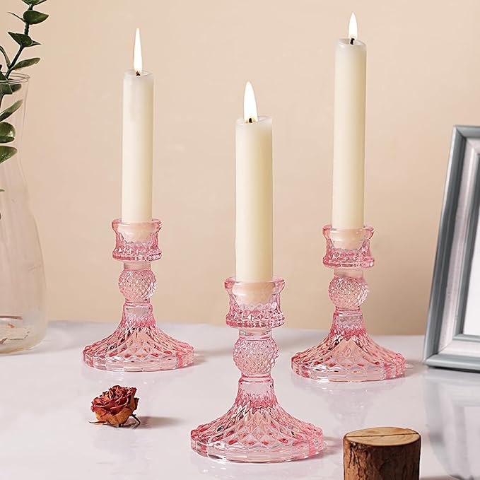 12Pcs Pink Candlestick Holders Set- 4" H Taper Candle Holders Bulk, Glass Candle Holders for Wedding, Party, Romantic Dinner Table Centerpieces, Festival Gifts & Windowsill Decor-Ruum Studio Home