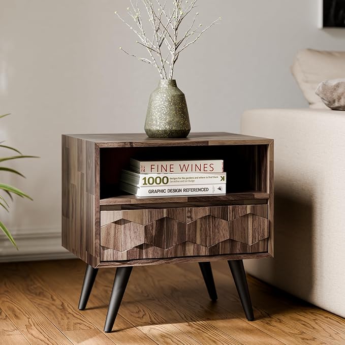 Bme Georgina Solid Wood Nightstand with 1 Drawer & Open Shelf- Fully Assembled Mid Century Modern Side Table - Geometric Pattern Bedside Dresser for Bedroom and Living Room, Mocha-Ruum Studio Home