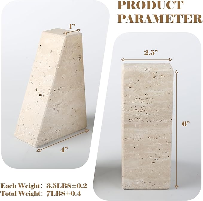 Travertine Bookends for Heavy Books, Marble Decorative Bookends for Shelves, Heavy-Duty Stone Book Ends for Hardback Book & Cookbooks, Unique Book Stopper & Holder, Travertino Italy-Ruum Studio Home