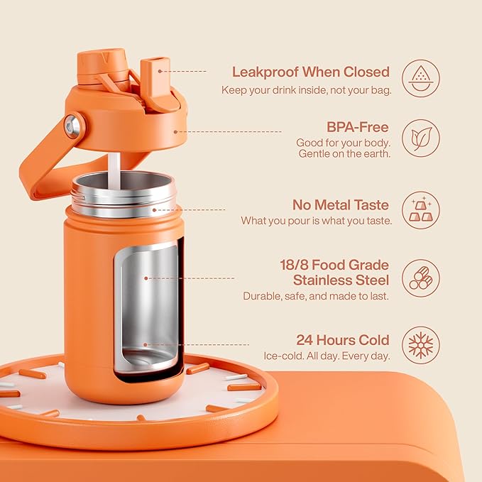 Kids Insualated Water Bottle with Straw - 12oz Stainless Steel Water Bottle with Dual Spouts, Leak-Proof, BPA-Free, Double Wall Vacuum Keeps Cold for 24 Hours for Sports, Travel (Moderate Orange)-Ruum Studio Home
