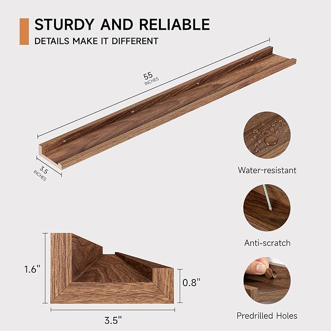 Floating Picture Ledge Shelves for Wall Set of 2, 55 Inches Picture Shelf with Ledge, Nursery Book Shelf for Toys Storage Kids Bookshelf Wall Mounted Living Room Bedroom Decor Frames, Walnut-Ruum Studio Home