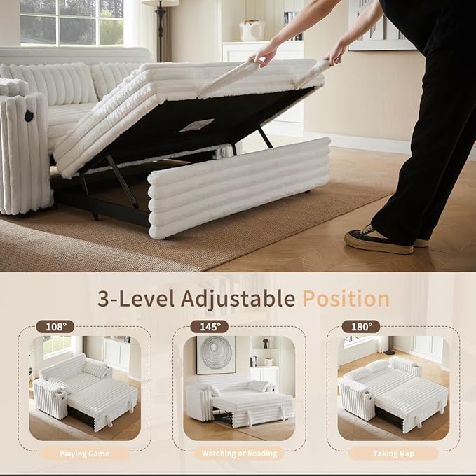 68.11" Corduroy Sleeper Chair Bed with USB Port, Cup Holders & Side Storage Pockets – 3-in-1 Foldable Sofa Bed for Guest Room, Living Room -White-Ruum Studio Home